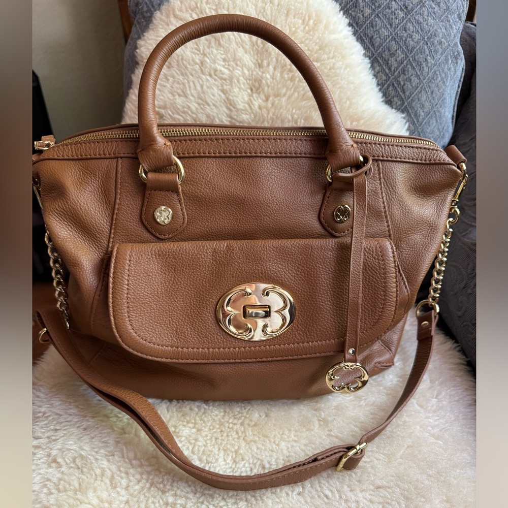 Emma Fox Tan Pebbled Leather Satchel Crossbody Bag Gold Hardware